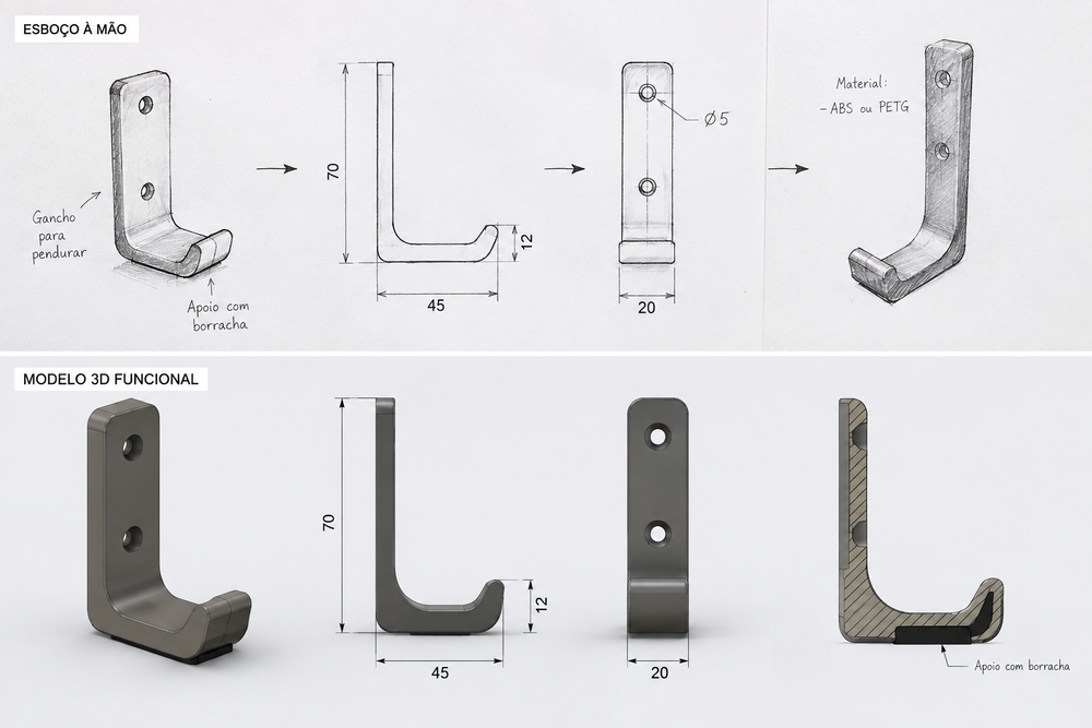 Esboço à mão transformado em modelo 3D funcional — antes
